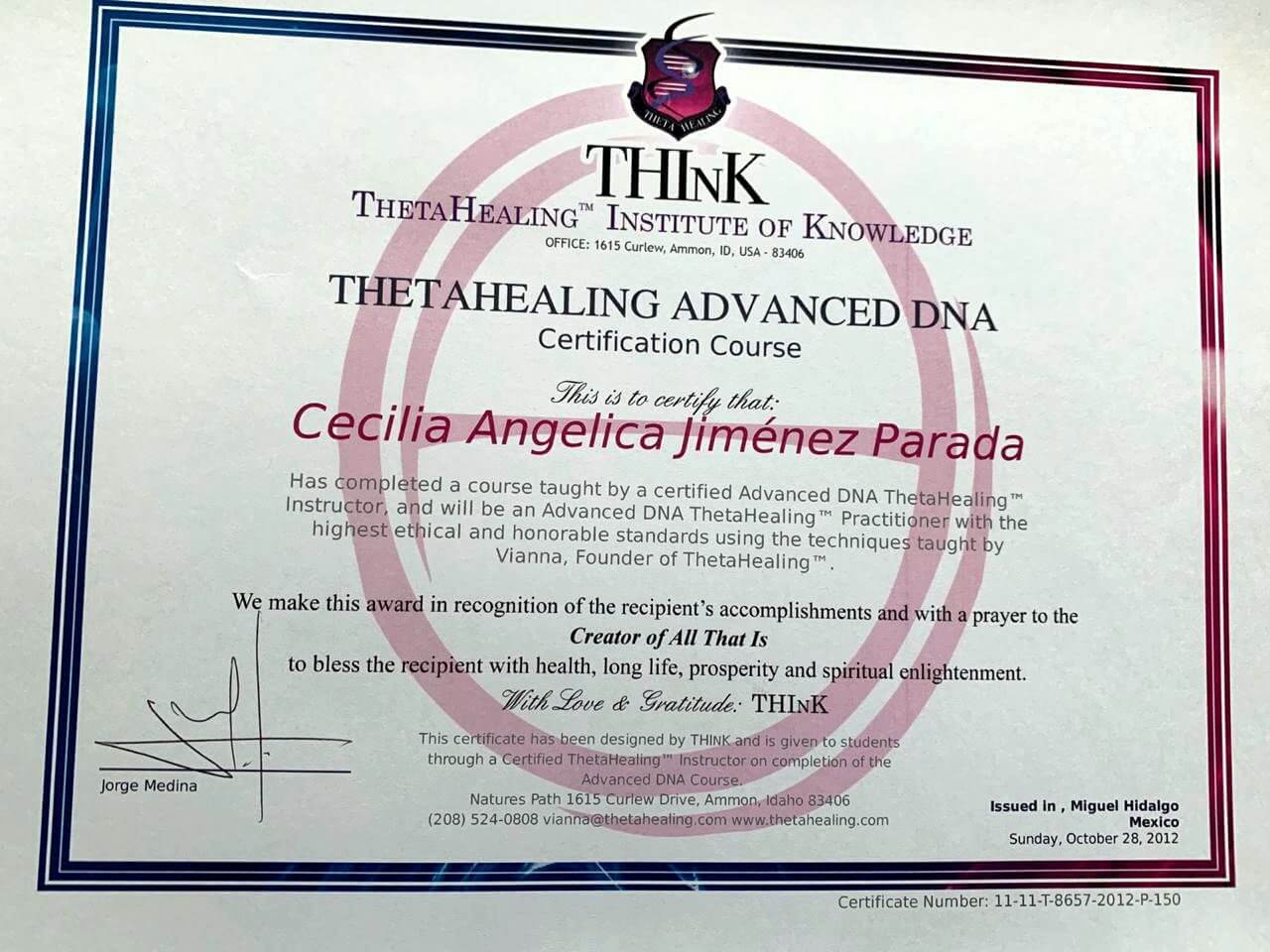 Certificado Thetahealing Advanced DNA